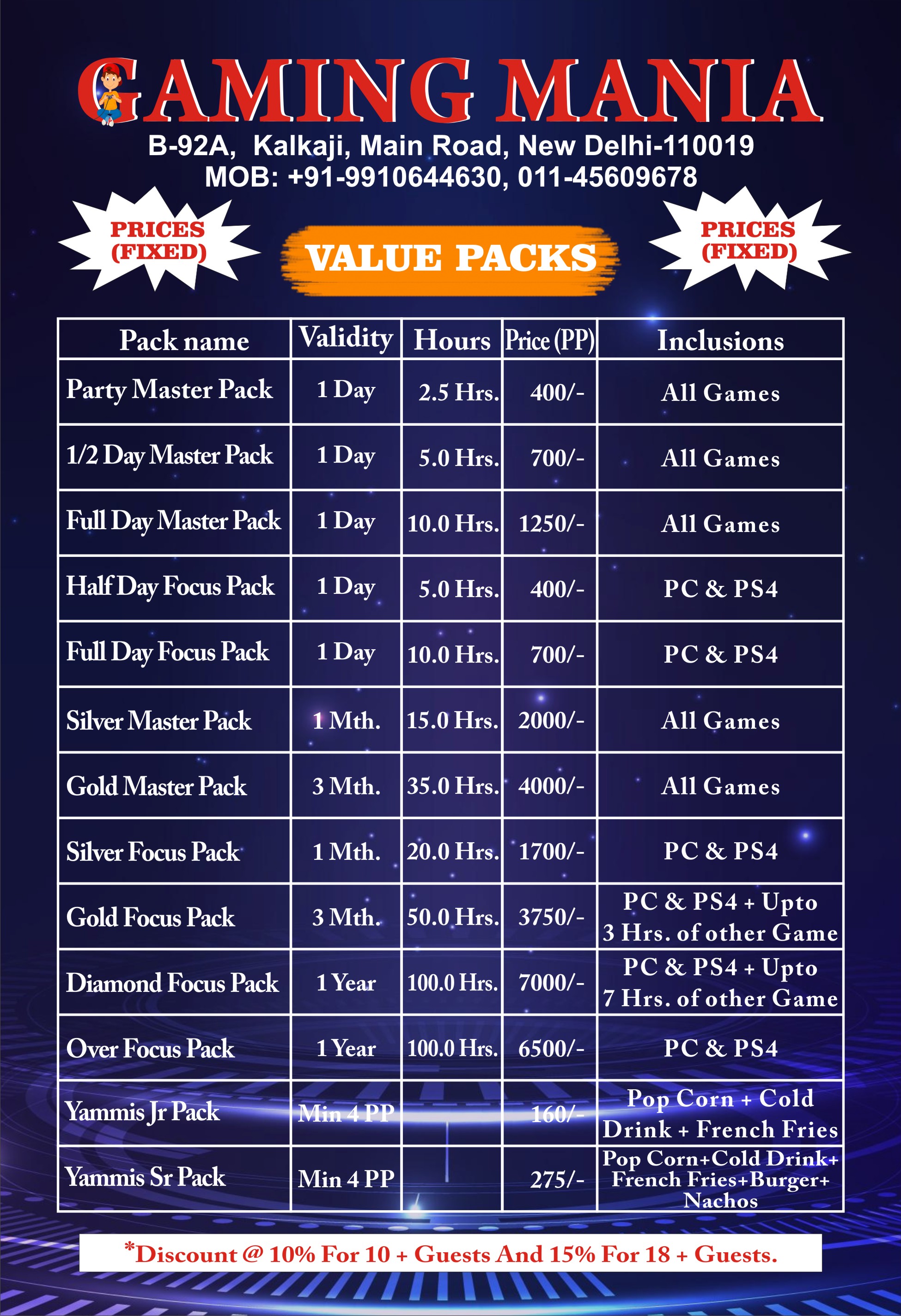 gaming zone pricing list